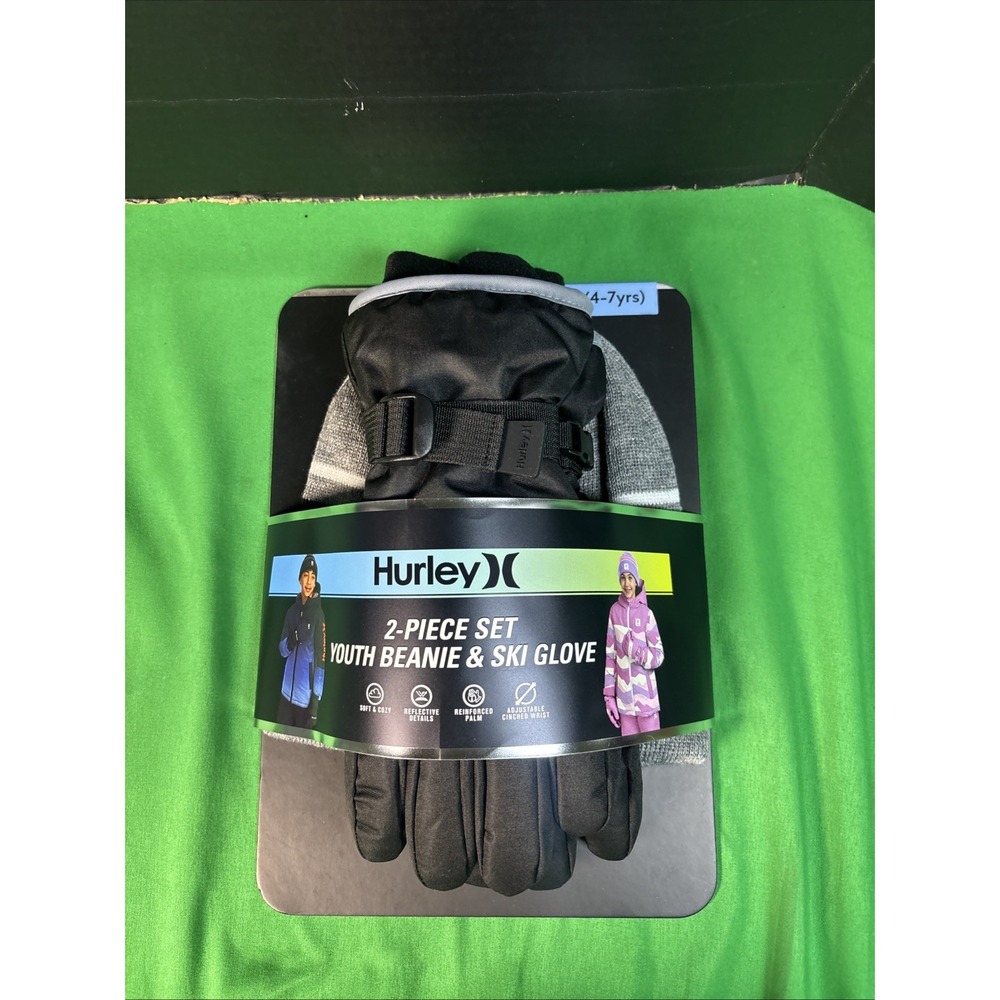 NWT Hurley Kids 2-Piece Youth Beanie & Ski Glove Set Gray Size S 4-7 9A7506-K26